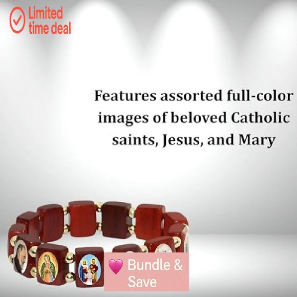Wood Stretch Bracelet with Saints Images, Unisex Devotional Jewelry - Picture 7 of 8